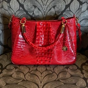 Brahmin Ruby Satchel in Carnation Red Melbourne, signature croc-embossed leather